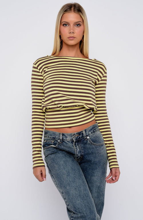 Catch My Heart Cinched Waist Long Sleeve Top Chocolate/Banana Stripe