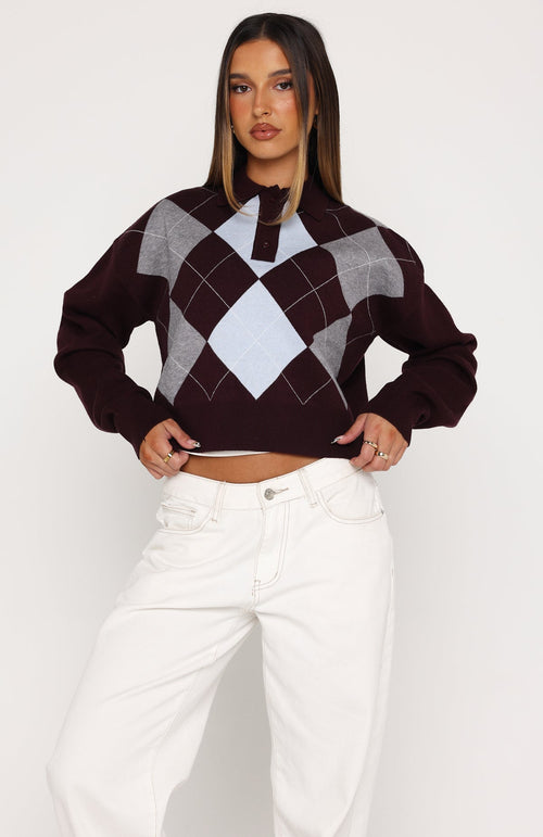 Cinzia Argyle Knit Sweater Mulled Merlot